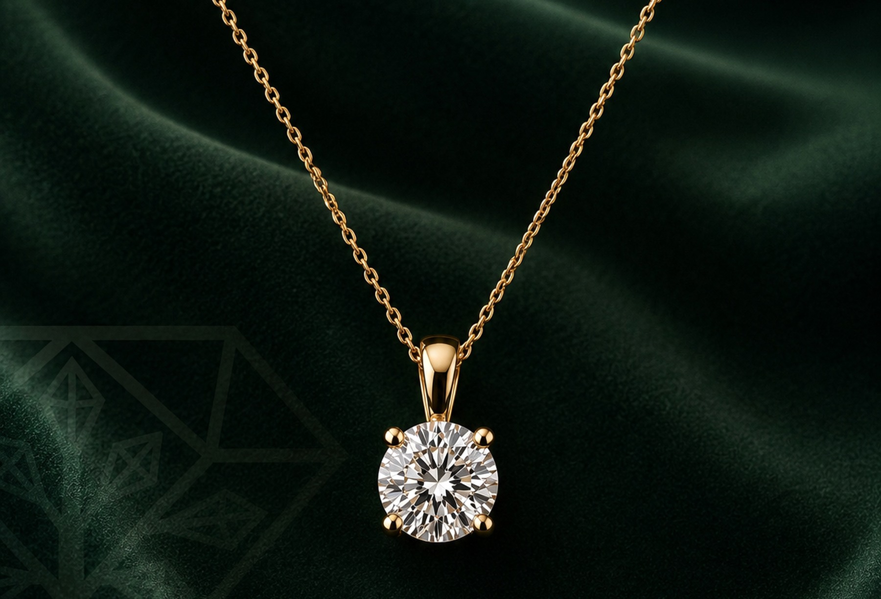 Yellow gold diamond pendant photographed on forest green velvet