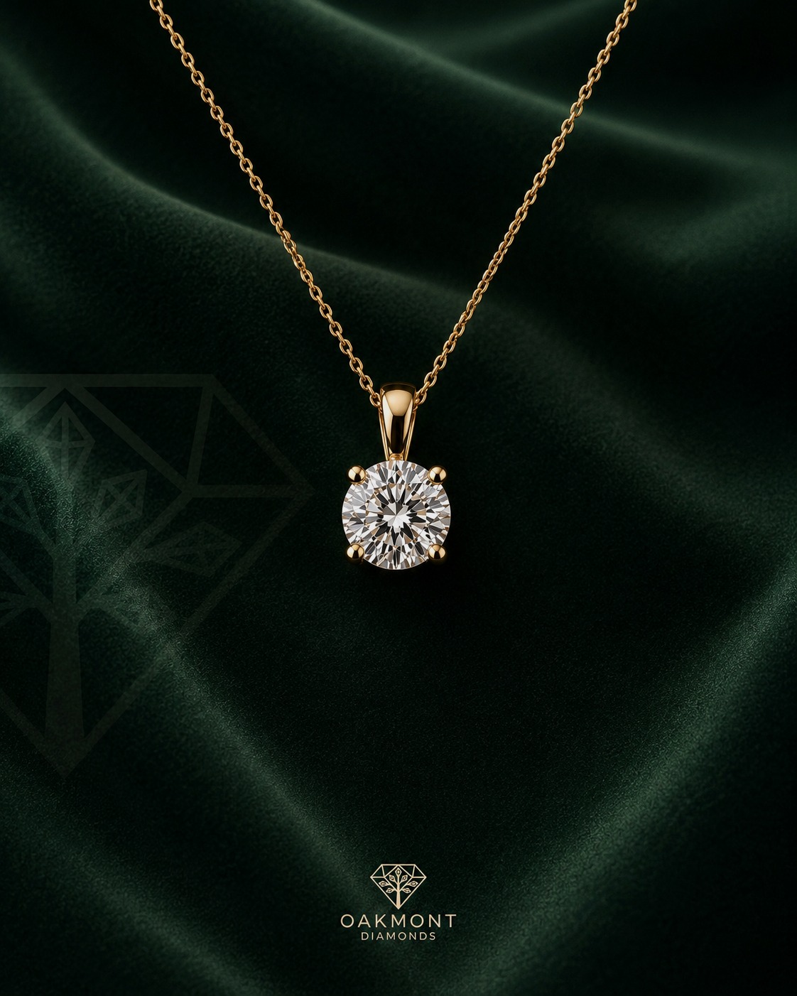 Diamond pendant set in yellow gold against deep green velvet