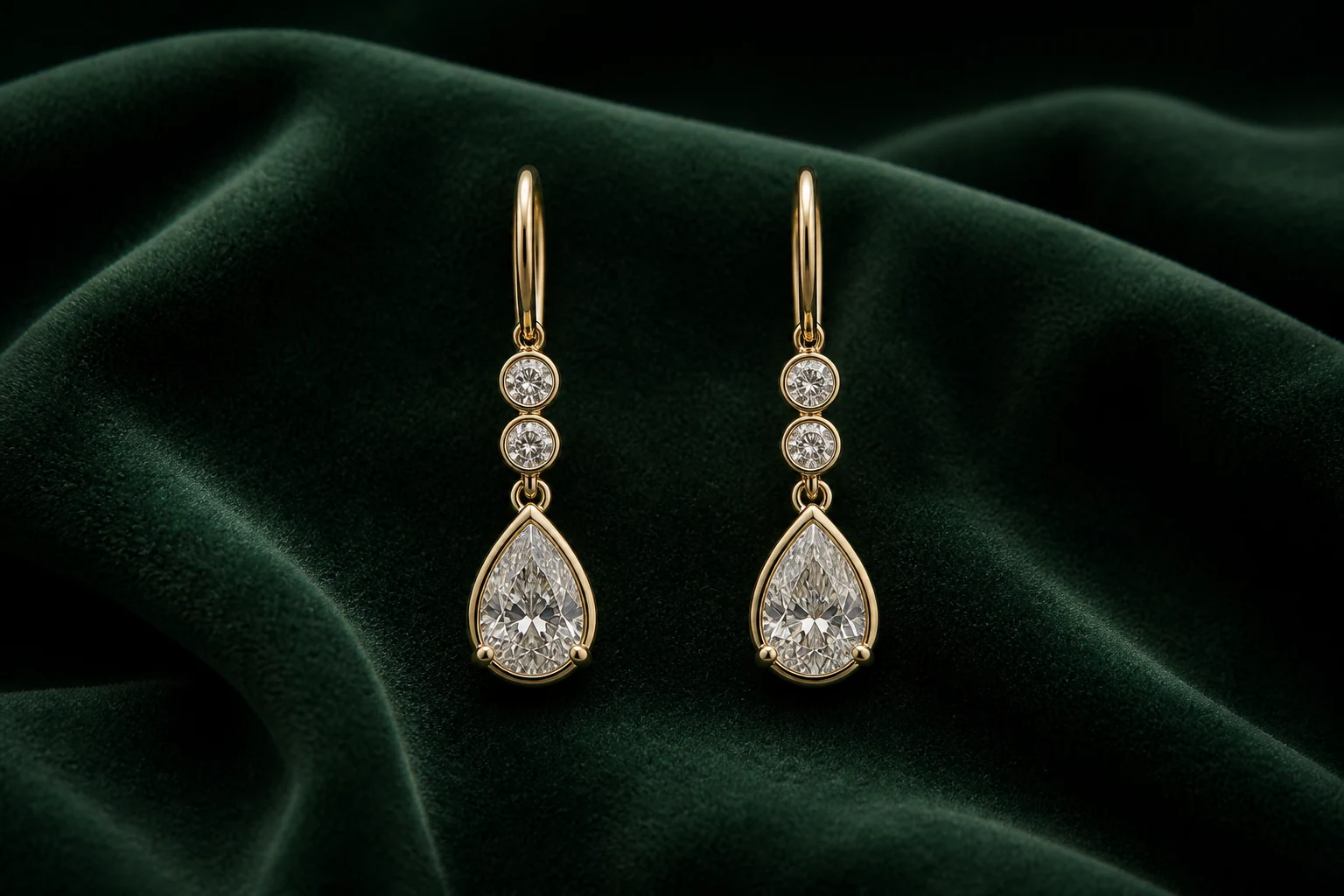 The Astéria Drops, yellow gold diamond earrings on forest green velvet