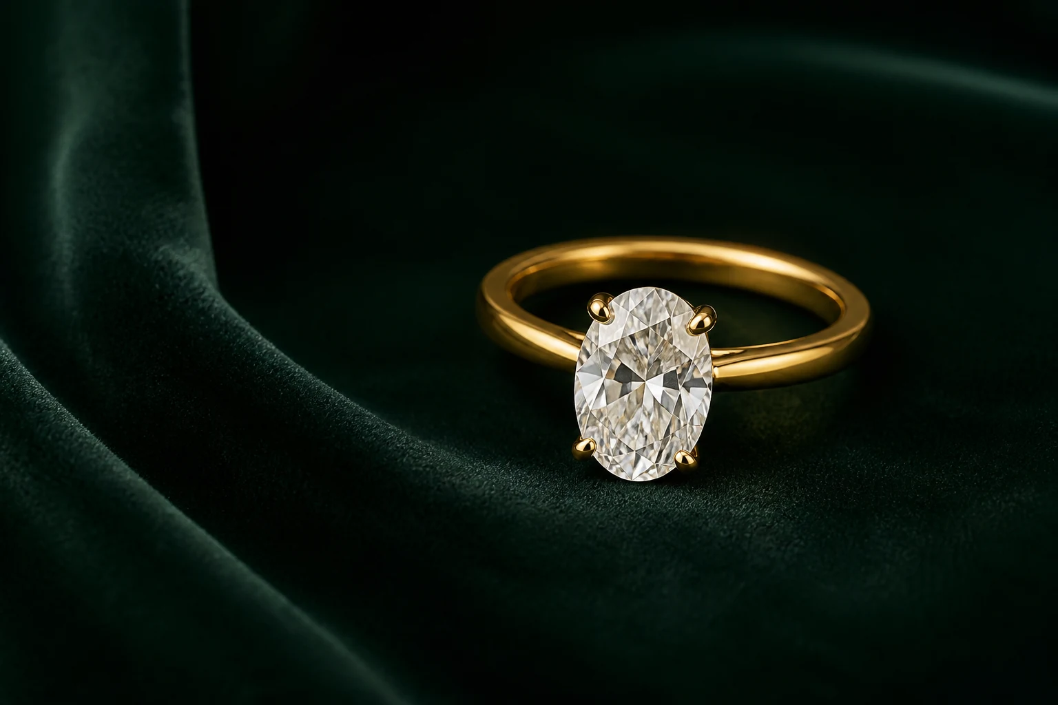 The Aurelia Solitaire, an oval diamond engagement ring in yellow gold on forest green velvet